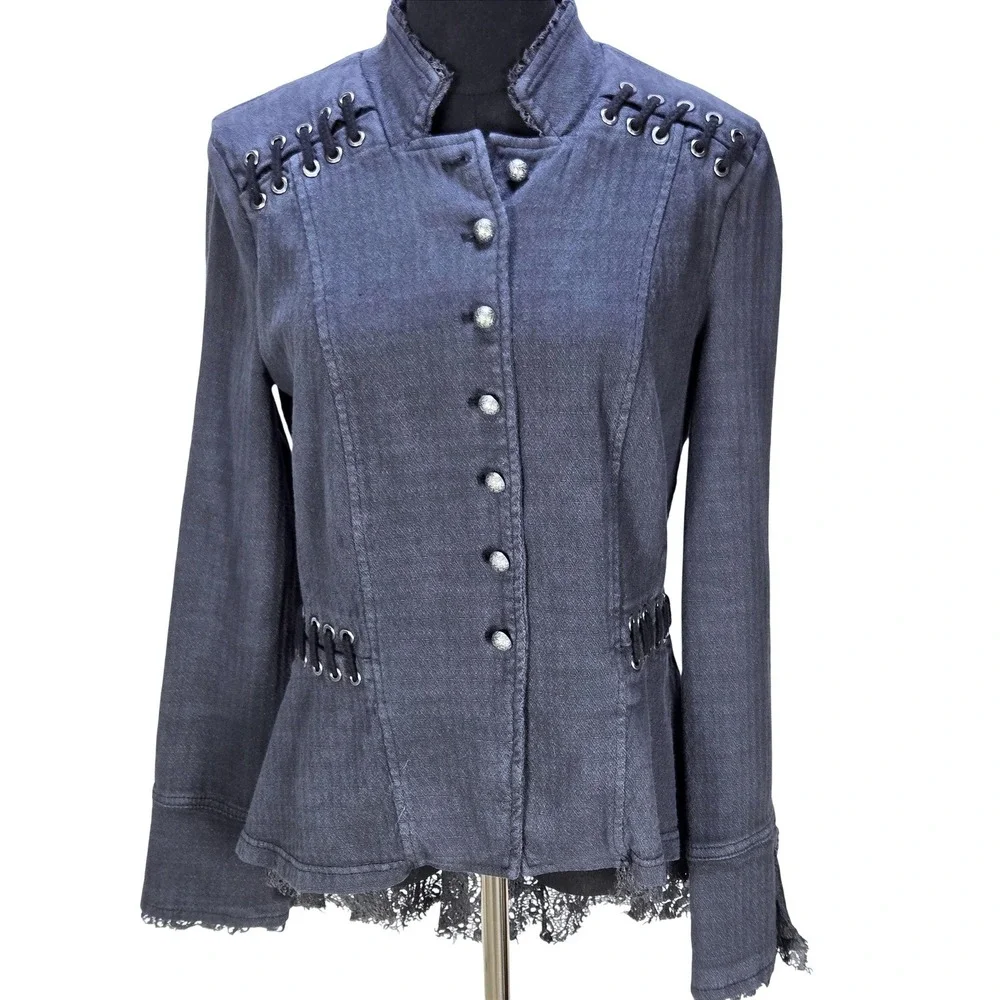 Women's Free People Medium Lace Up Victorian Military Jacket Lace Trim Witchy